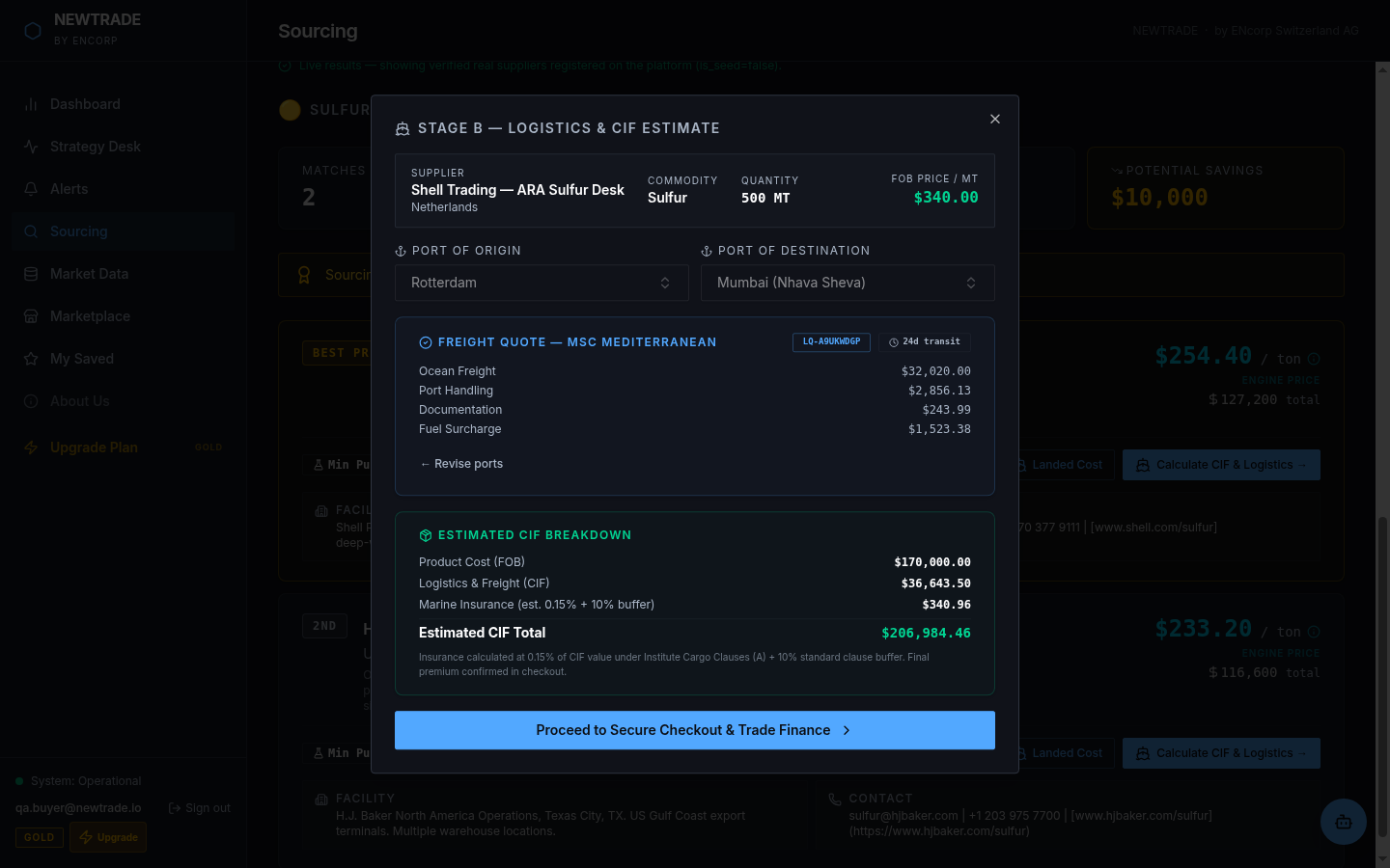 NewTradeAI CIF estimate — logistics breakdown with ocean freight and insurance