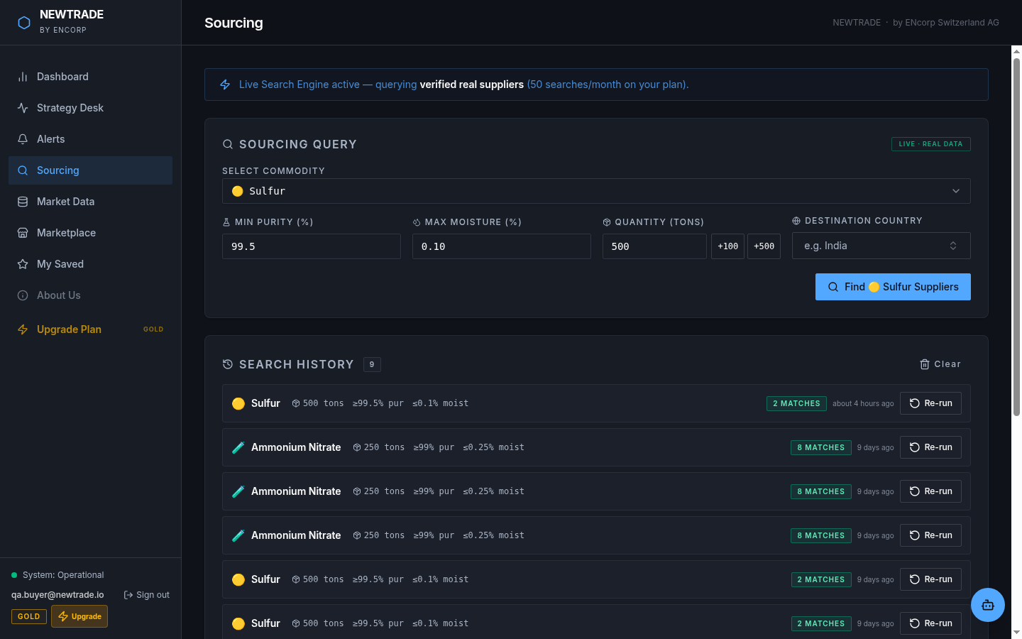 NewTradeAI sourcing query form — select commodity, purity, quantity and destination