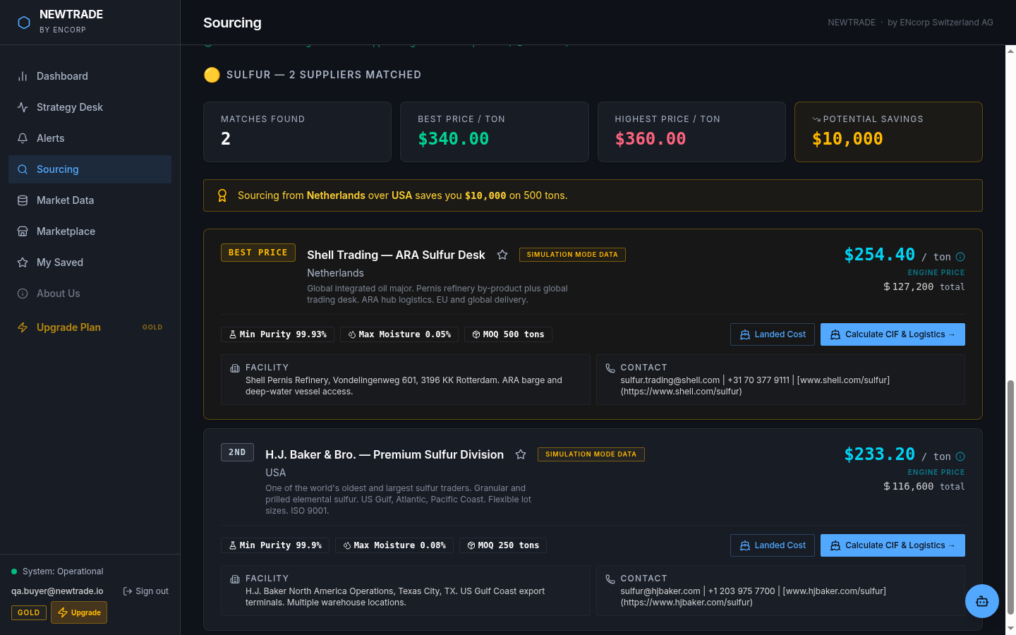 NewTradeAI supplier match results — best price per ton with savings comparison
